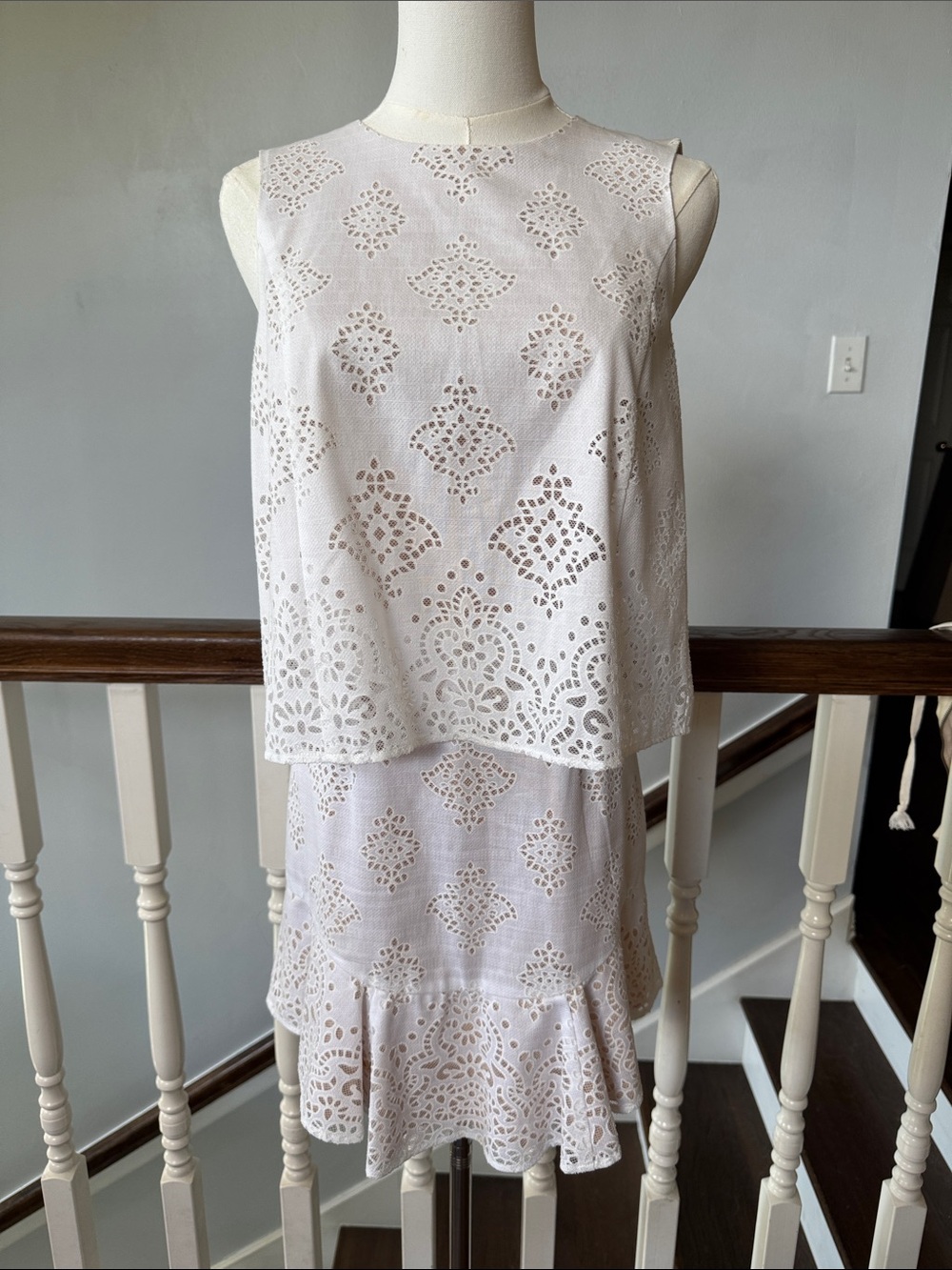 BCBG Sleeveless Lace Eyelet Cream Dress